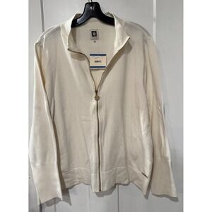Anne Klein Womens XL Full Zip Sweater Mock Neck Anne White Gold Logo Pull NEW